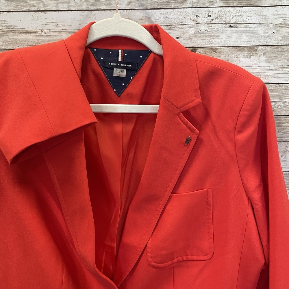 Tommy Hilfiger Womens 12 Blazer Classic Red 2 Button Silver Lapel‎ Logo Lined